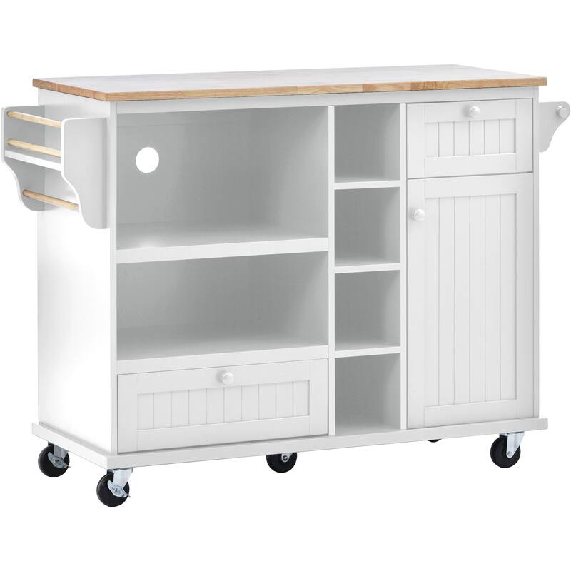 Kitchen Island with Solid Wood Desktop, Kitchen Island Cart on Locking Wheels, Rolling Island Cart with Cabinets & Drawers