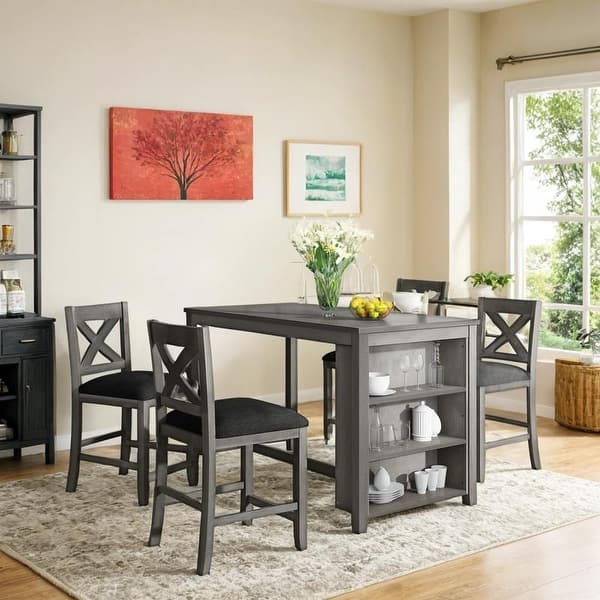 5 Pieces Counter Height Rustic Farmhouse Dining Room Wooden Bar Table ...