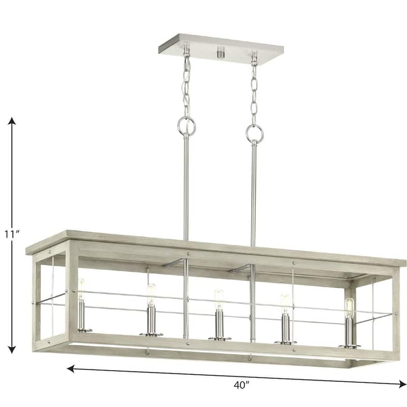 Hedgerow Collection Five-Light Brushed Nickel and Grey Washed Oak Farmhouse Style Linear Island Chandelier Light