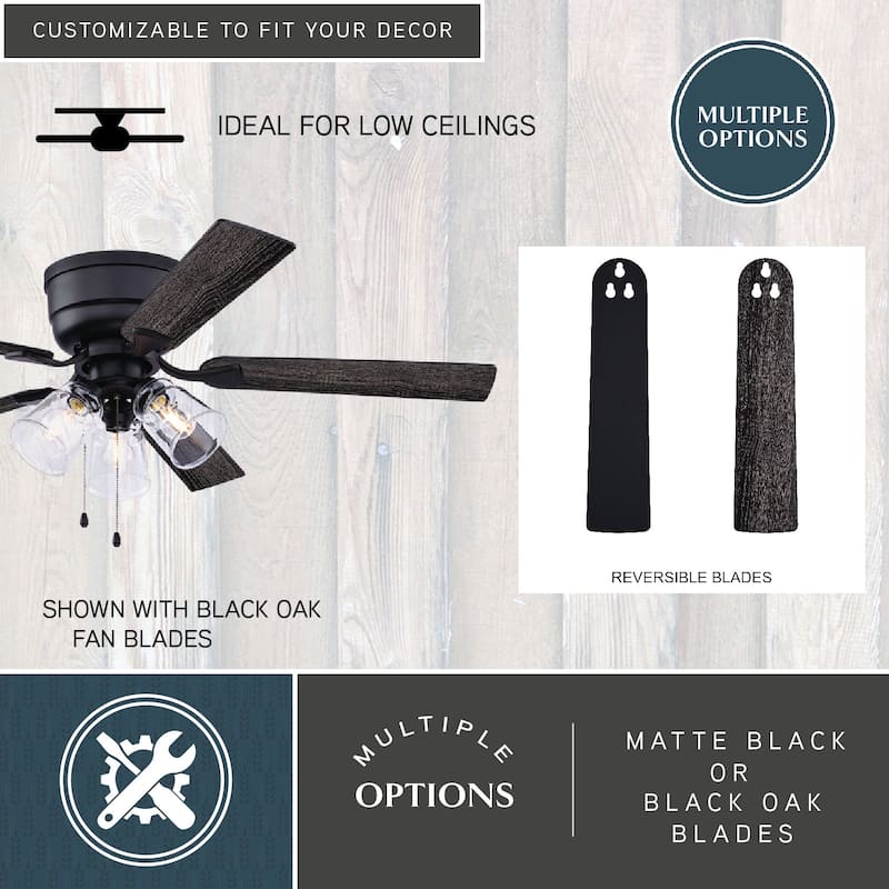 Cromwell 52 in. Matte Black Low Profile Flush Mount Ceiling Fan Reversible Black-Oak Blades, LED Light Kit Pull Chain and Remote