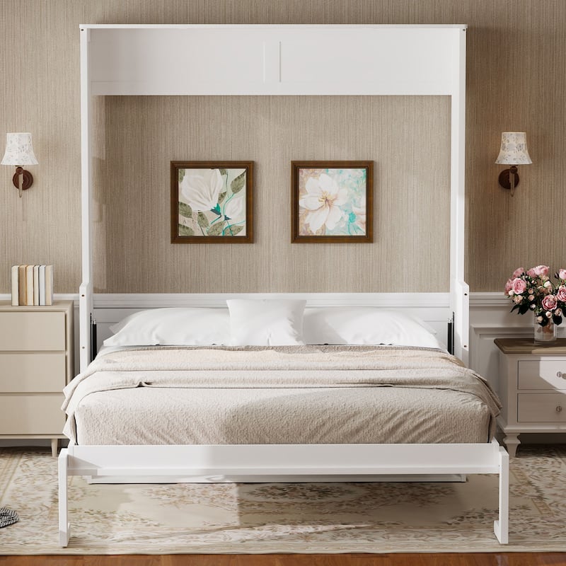 Queen Size Murphy Bed with LED Light and Charging Station, Wooden Murphy Bed Wall Bed Frame with Desk, No Box Spring Needed - White - Queen