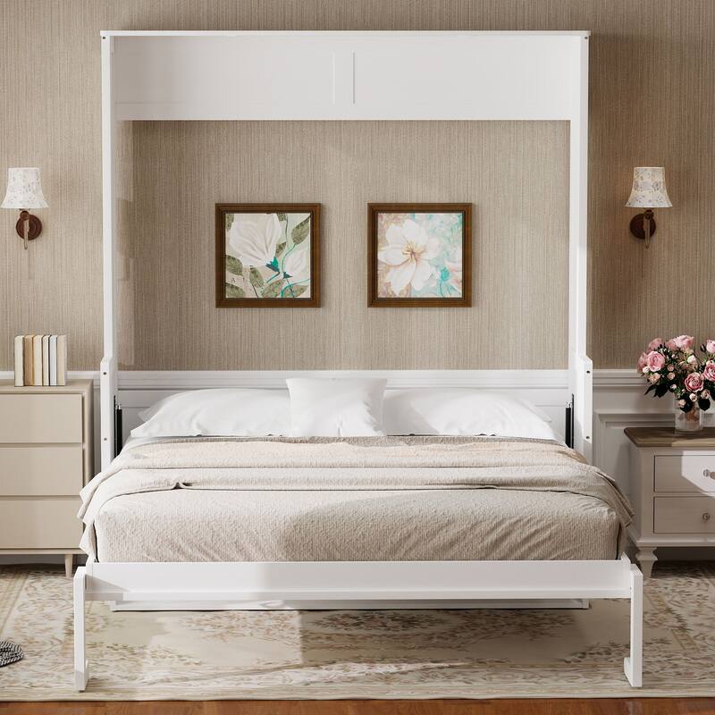 Roomfitters Queen Size Murphy Bed with Folding Desk and USB Charging Ports, Space-Saving Wall Bed with LED Lights - White