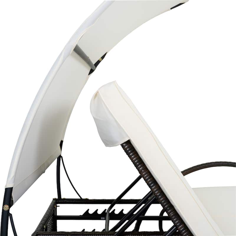 Outdoor Steel Frame Sun Lounger with Adjustable Backrest,Patio Double Sunbed with Hidden Side Table and Arched Armrests