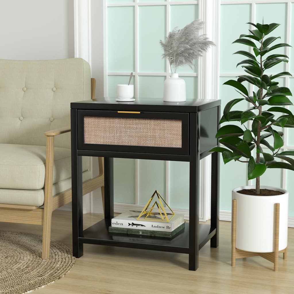 Anmytek 24" H Mid-Century Modern Wood Nightstand End Table with Storage Drawer and Open Shelf Rattan Bedside Table