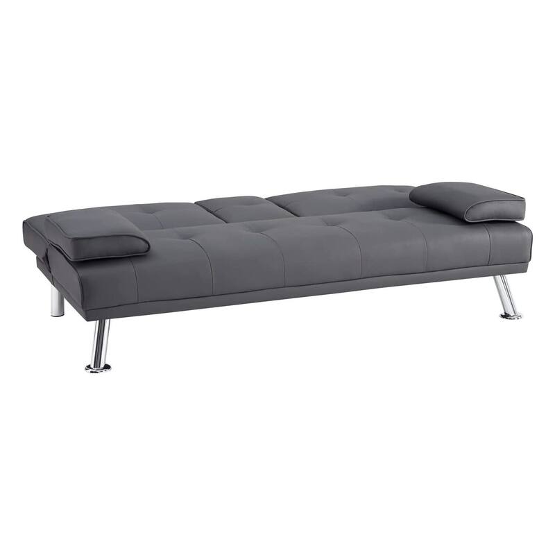 Futon Sofa Bed Couch with Armrest & Cupholders, Faux Leather Sofa Bed Couch Convertible Folding Reclining Small Couch