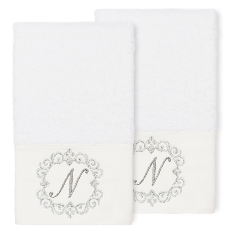 Authentic Hotel and Spa 100% Turkish Cotton Monica 2PC Embellished Hand Towel Set - N - White