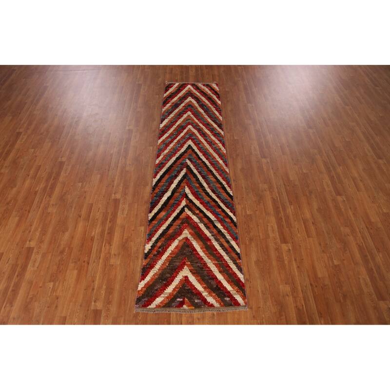 Chevron Style Moroccan Oriental Runner Rug Hand-Knotted Wool Carpet - 2'5" x 9'11"