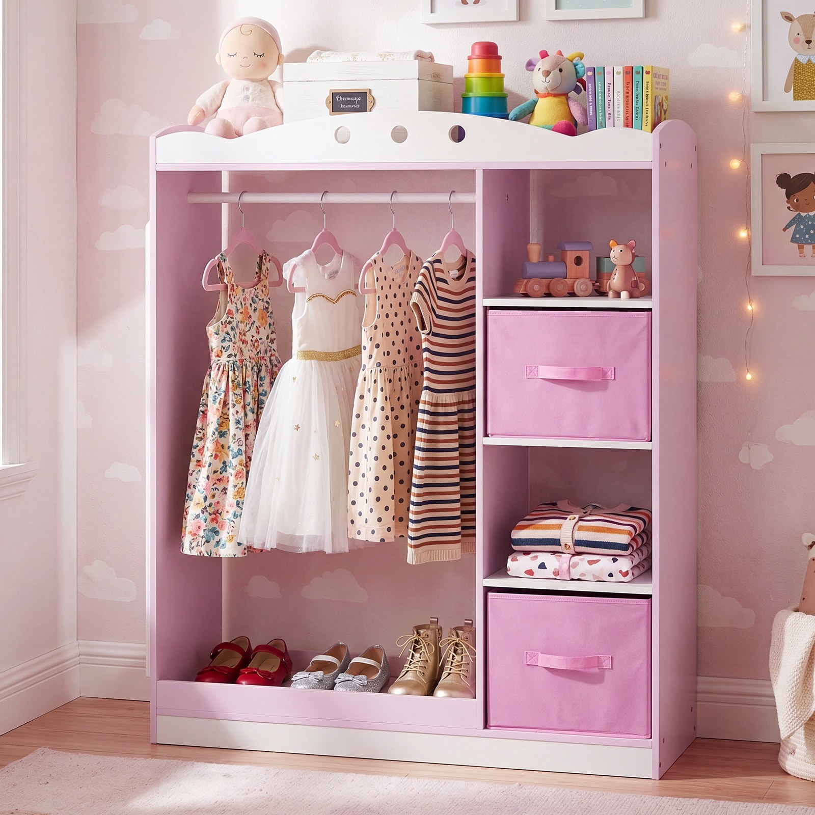 Costway Kids Dress Up Storage with Full Length Mirror, Open Shelves,