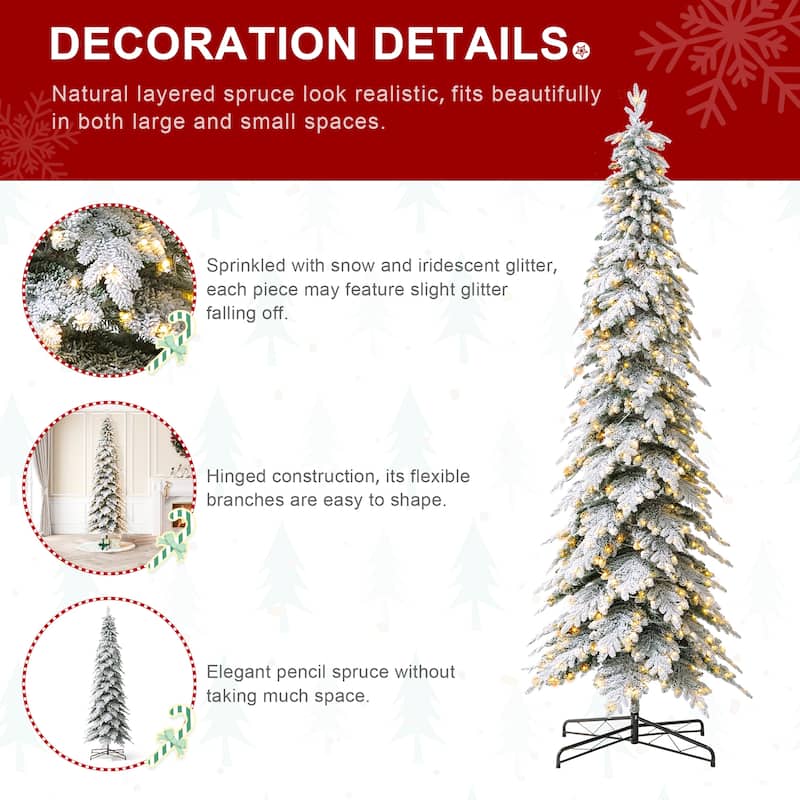 Glitzhome Snow-Flocked Chicago Frostwood Spruce Pre-Lit Artificial Christmas Trees-7.5/9/11 Foot