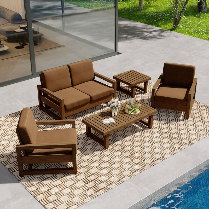 5-Piece Teak Wood Outdoor Patio Conversation Set with Cushion - Natural Wood - Light Brown