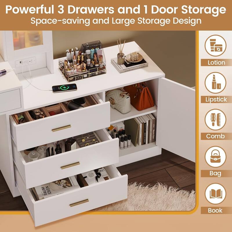 Makeup Vanity Desk Light Bulbs & RGB Cabinets Drawers Storage Shelves