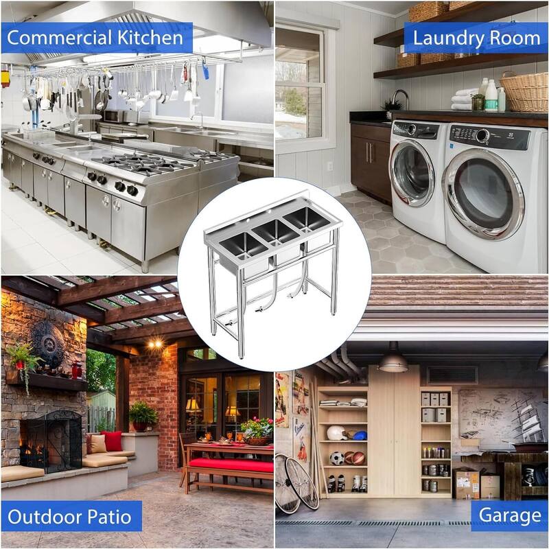 39*18*37inch Free Standing 3-Compartment Kitchen Utility Sink