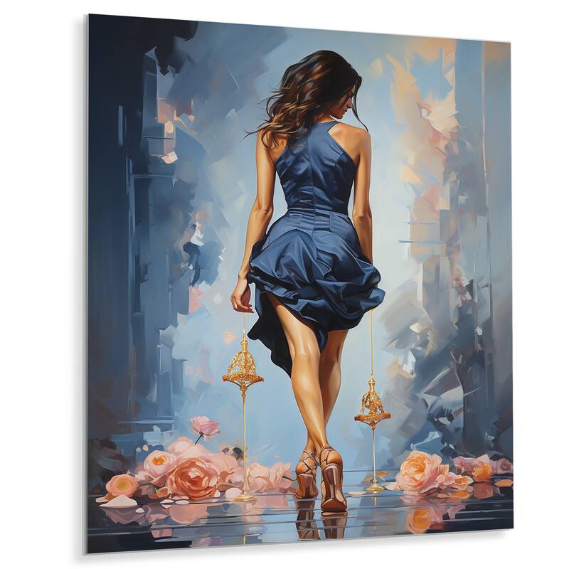 Designart "Blue And Pink Glamorous Gait Painting Of Woman'S Heels I" Fashion Woman Blue Metal Art Modern Metal Art Work