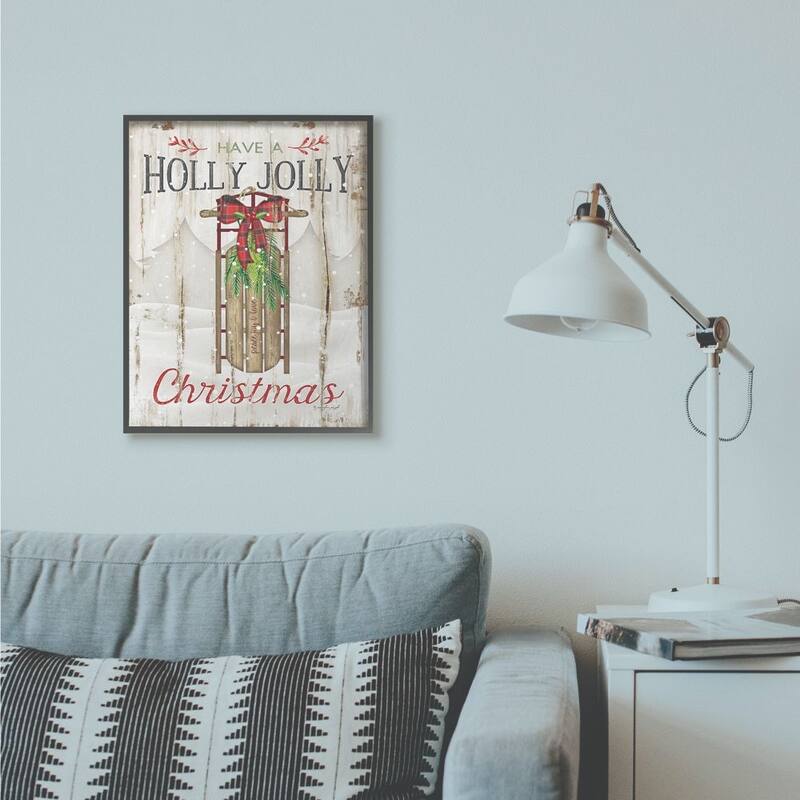 Stupell Holly Jolly Christmas Sleigh Wood Texture Holiday Word Design Framed Wall Art, Proudly Made in USA - 24 x 30