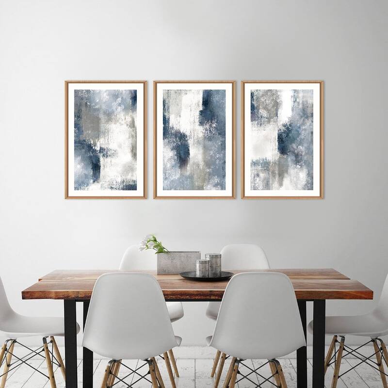 Abstract Navy Blue Gray Framed Canvas Wall Art Set