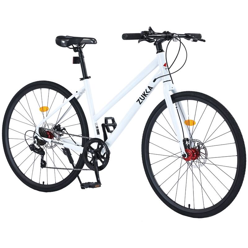 7 Speed Hybrid Bike Disc Brake 700c Road Bike For Men Women'S City Bicycle - White