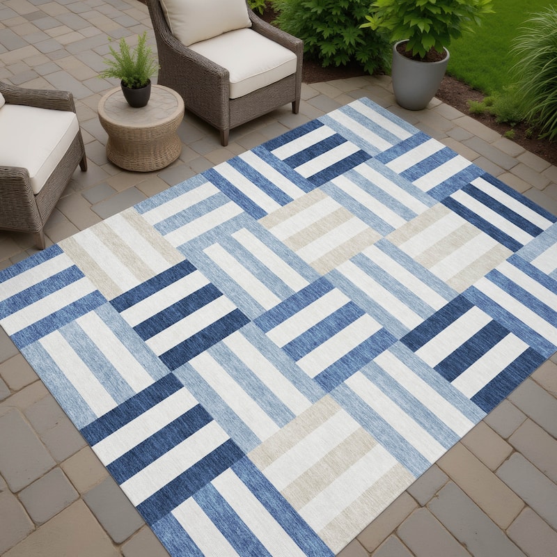 Machine Washable Indoor/ Outdoor Modern Hatch Chantille Rug - Navy - 5' x 7'6"