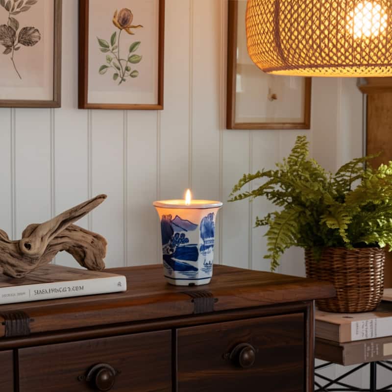 Modern Chinoiserie Ceramic Candle - Sage and Eucalyptus Scented