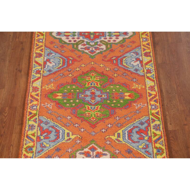 Orange Heriz Serapi Indian Runner Rug Handmade Geometric Wool Carpet - 2'6" x 9'11"