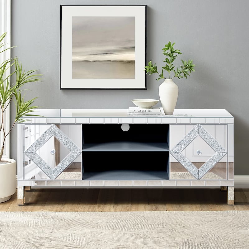 59" Mirrored TV Console, Silver Entertainment Stand with Diamond-Inlay Doors, Glass Finish, Open Shelves & Cabinets
