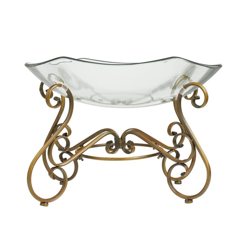 Glass Kitchen Serving Bowl with Gold Metal Scroll Base - Clear - Roche River Decor - 16"W x 21"L x 14"H