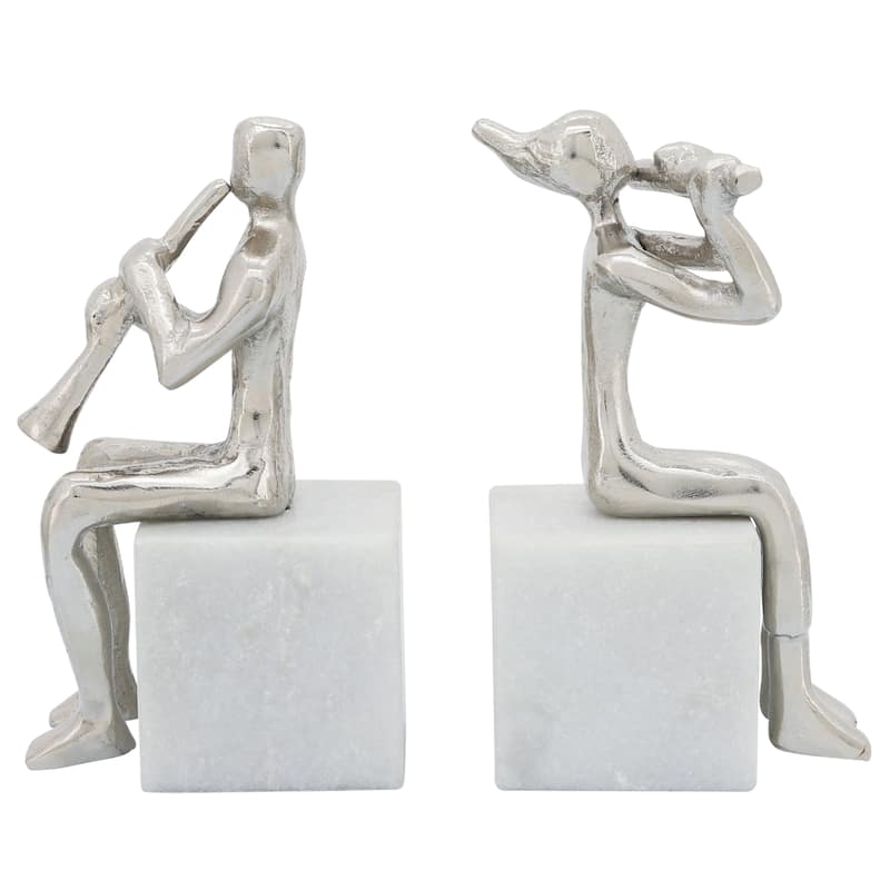 Decorative Metal Musicians on Marble Bases Bookends - 8", Silver - 8.0"