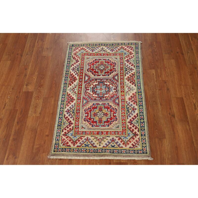 Traditional Kazak Oriental Foyer Rug Handmade Grey Wool Carpet - 2'0"x 3'0"