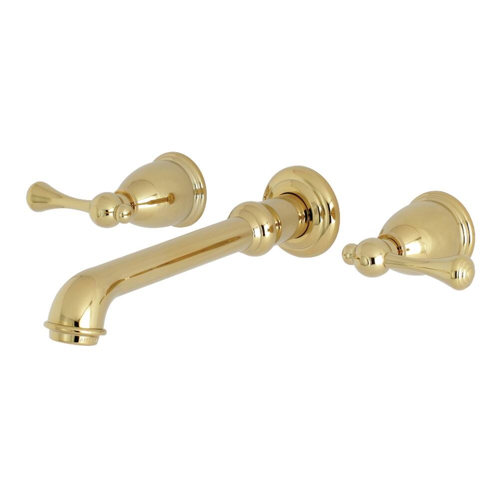 English Country Two-Handle Wall Mount Bathroom Faucet in Polished Brass