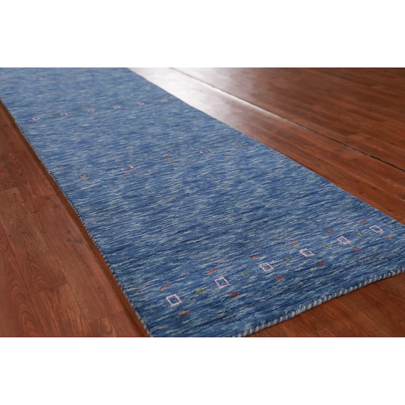 Hand Knotted Oriental 100% Wool Carpet Tribal Tribal Navy Blue & Blues Gabbeh Runner Rug - 9' 9'' X 2' 7''