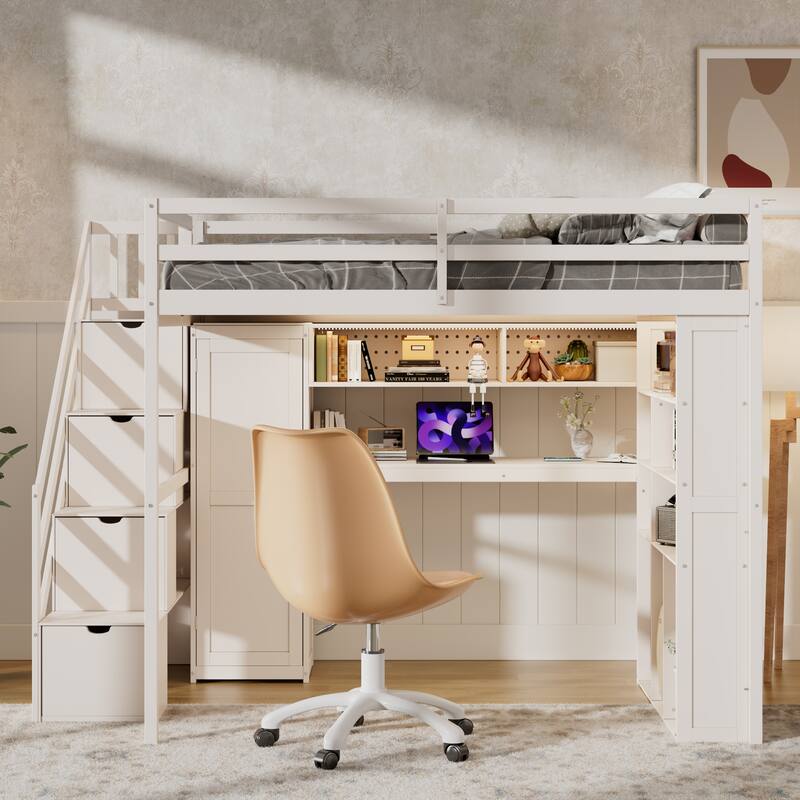 Full Loft Bed with Built-In Wardrobe & Study Desk - Space-Saving Frame with LED Lights & Shelves - Beige - Full