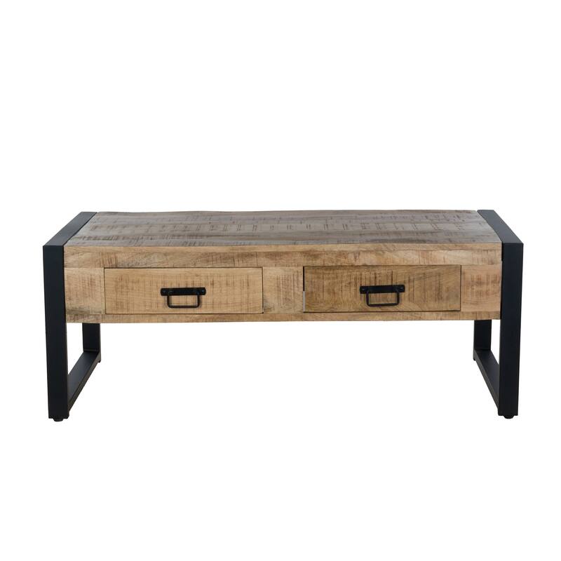 48" Mango Wood Coffee Table with Storage Drawers and Black Metal Frame