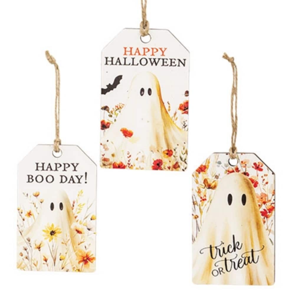 Rustic Wooden Ghost Tags with Golden Autumn Flowers for Halloween Decorations 3 Asstd. - 5" H x 3" W x .25" D