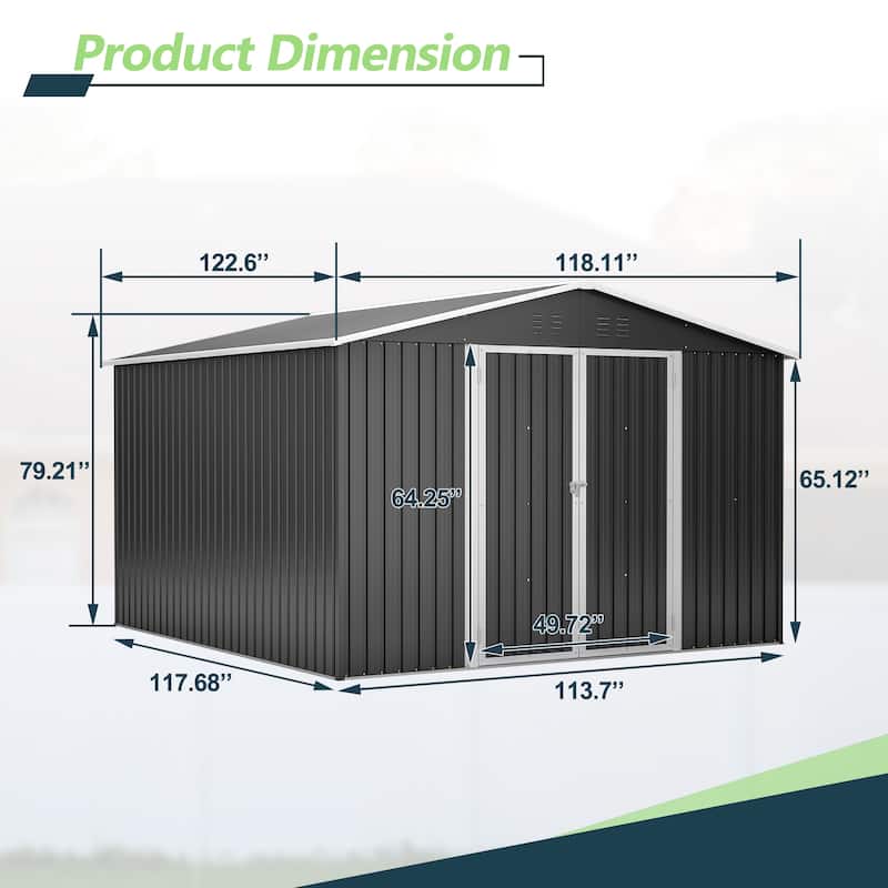 10x10 FT Outdoor Storage Shed with Updated Frame & Lockable Doors