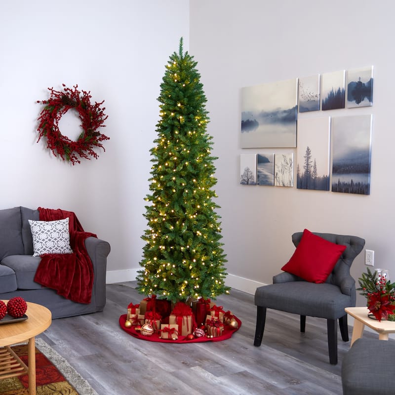 Slim Artificial Christmas Tree 7.5Ft Green Pine with Clear Lights Holiday Decor - 90