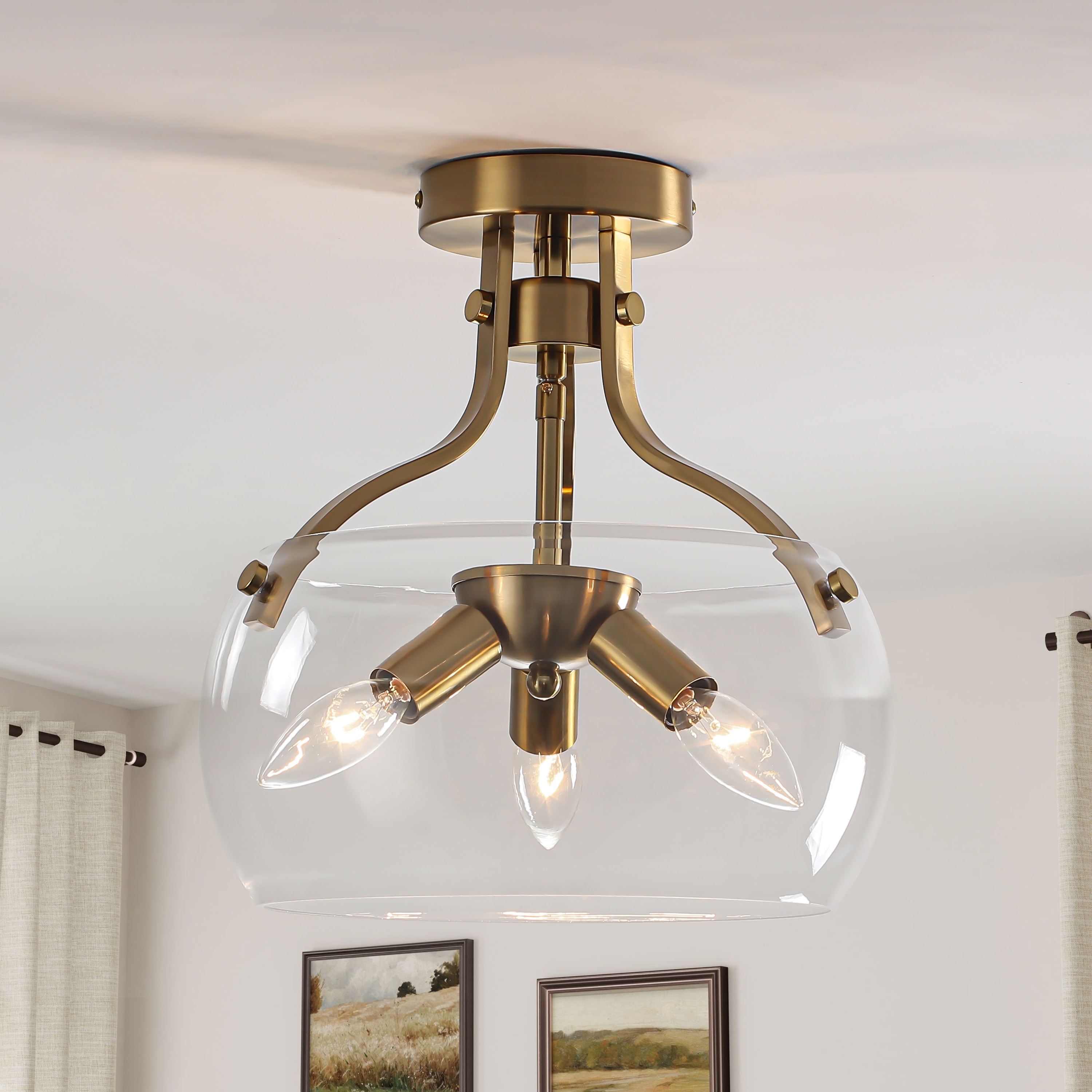 11.81" 3-Light E12 Semi-Flush Mount Ceiling Light, Clear Glass Shade