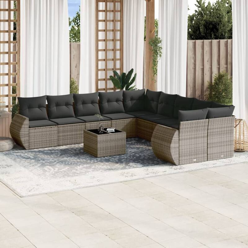 vidaXL Patio Sofa Set with Cushions Outdoor Conversation Furniture Poly Rattan - Gray with table - 21.7 x 21.7 x 14.6