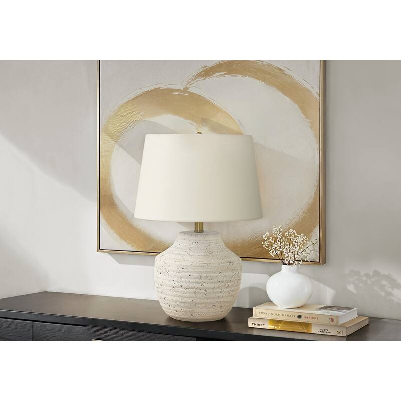 Concrete Table Lamp with Linen Shade Modern Urn Shape - Beige
