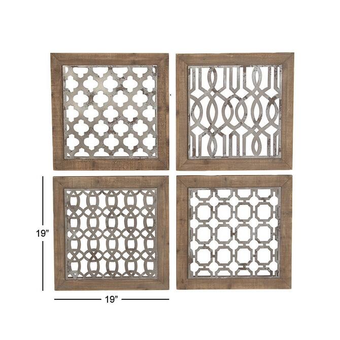 Wood Geometric Home Wall Decor with Silver Metal Trellis Cutouts - Set of 4 Brown - Roche River Decor