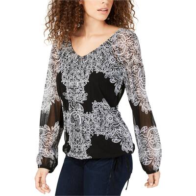 I.N.C Womens Placed-Lace Tie-Hem Peasant Blouse,, Black, X-Small