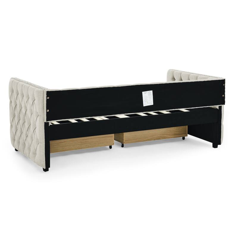 Tufted Daybed Upholstered Frame Sofa Bed with Button Copper Nail on Square Arms, and Pull-out Trundle Bed or Storage Drawers