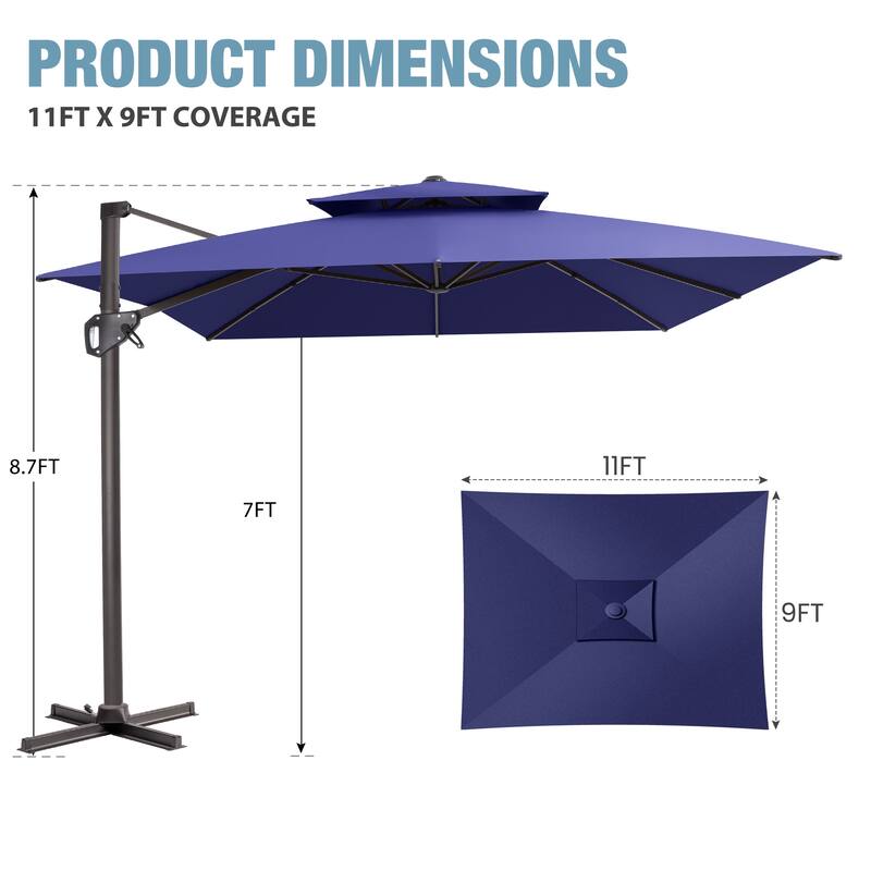 VredHom Outdoor 9x11FT Patio Dual Top Cantilever Offset Umbrella