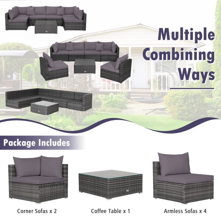 Patio Rattan Furniture Set Sectional Sofa Garden Cushion - 7 Pieces - Armless Sofa: 29" x 25.5" x 24"