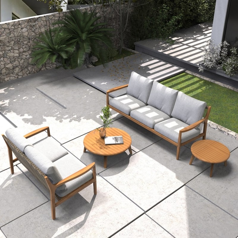 Acacia Wood 4-piece Outdoor Conversation Sofa Set with Removable Waterproof Cushions - Grey