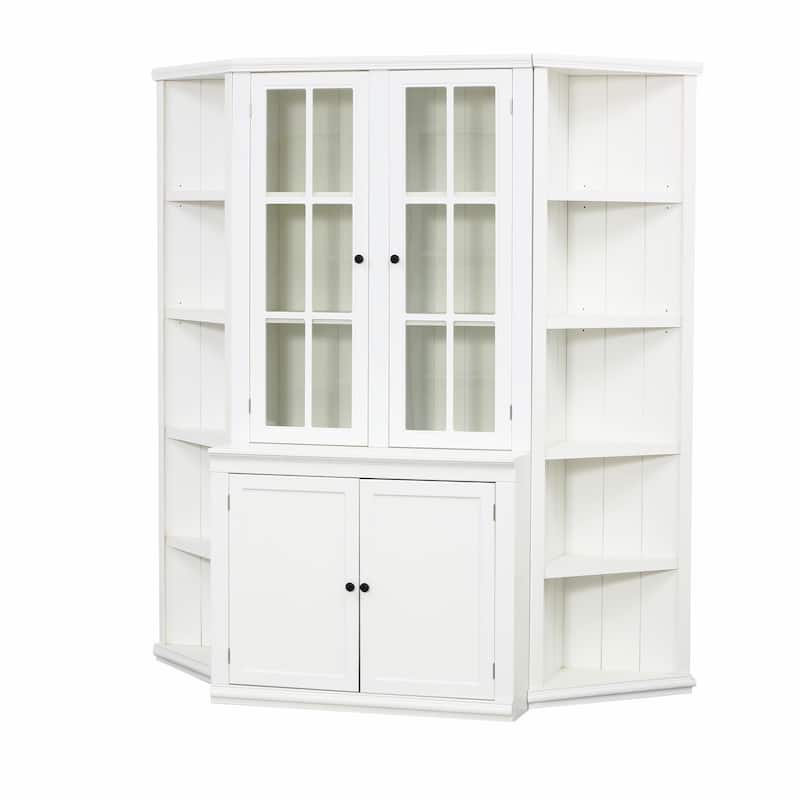 Roomfitters 75.25'' Display Cabinet with Glass Doors and Two Triangle Bookshelves, Retro Wall Storage Unit for Living Room