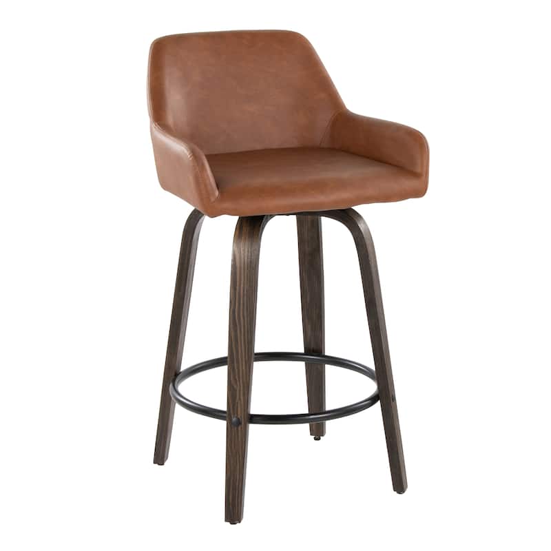 Porch & Den Galotti 26" Fixed-Height Counter Stool with Bent Wood Legs & Round Footrest (Set of 2) - Camel Faux Leather/Walnut Glazed/Black Metal