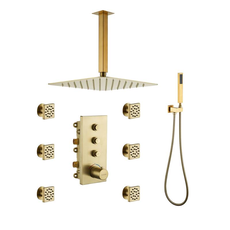 Luxury Thermostatic Shower System 1-Spray Patterns Ceiling Mount Fixed Shower Head and Handheld Spray with 6 Body Jets