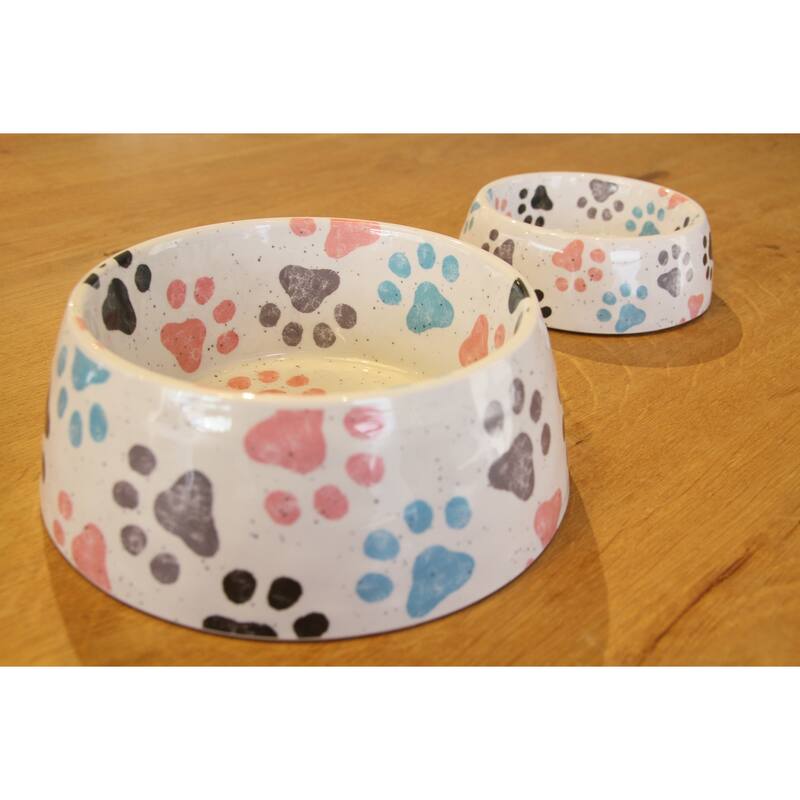 Abode Homewares Retro Paw Print Melamine Pet Bowl - White - Set of 2