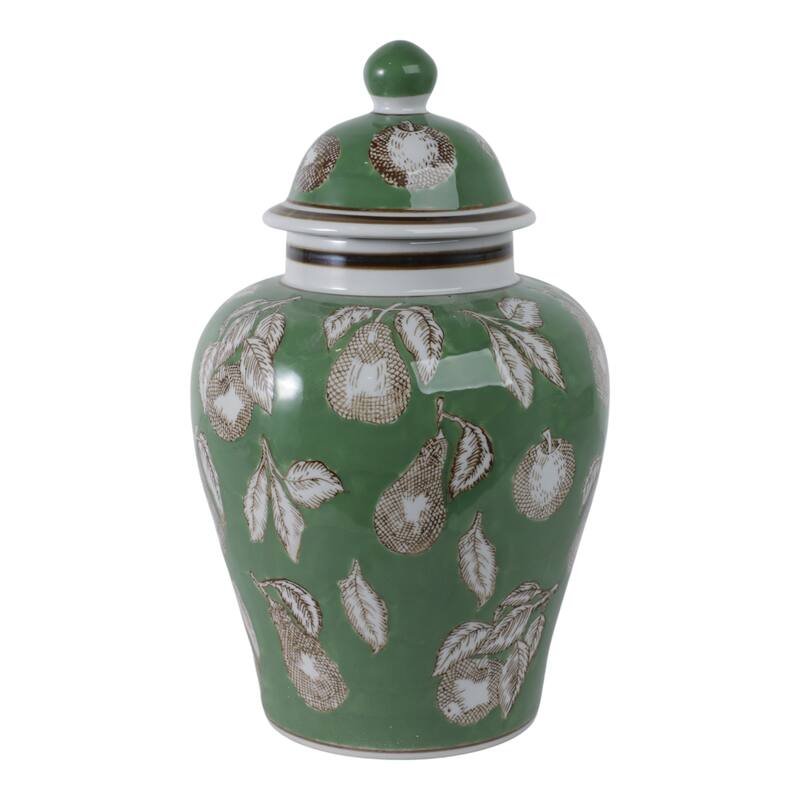 Ceramic Temple Jar Modern Pear Twigs Chinoiserie Design with Lid