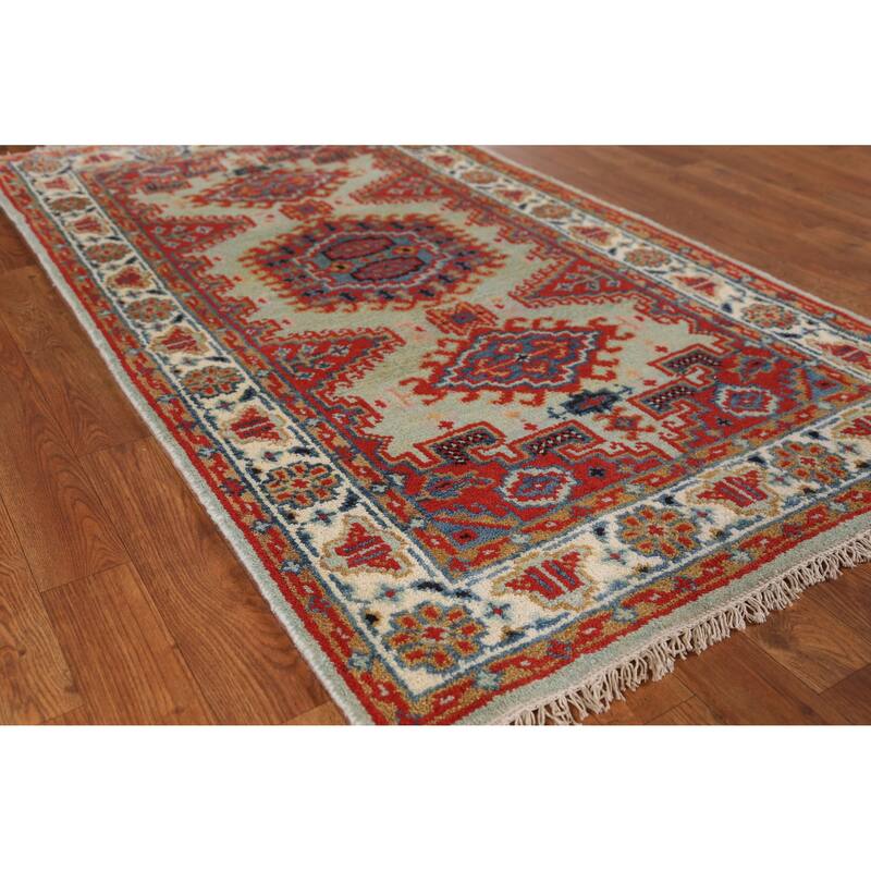 Green Geometric Viss Indian Rug Hand-Knotted Wool Carpet - 2'11" x 5'2" - 2'11" x 5'2" - Green