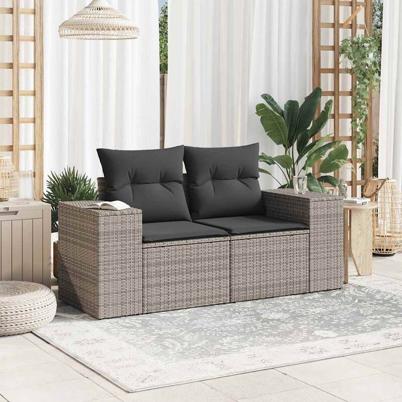 vidaXL Patio Sofa with Cushions 2-Seater Modular Couch Loveseat Poly Rattan - 24.4 x 73.2 x 27.2 in